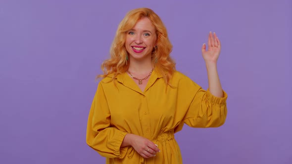 Girl Long Haired Smiling Friendly at Camera and Waving Hands Gesturing Hello or Goodbye Welcoming