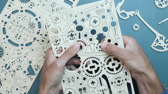 Hands holding sheet of wooden puzzle toy with small details. 
