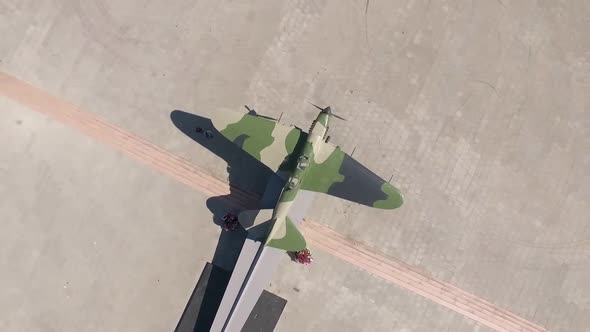 Monument of Old Airplane Il 2 in Samara City in Summer Day, Aerial View