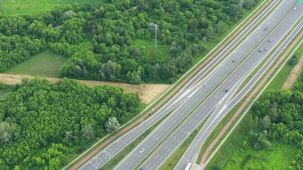 Aerial view of highway junction with traffic i