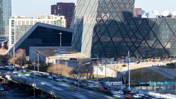 Beijing Business City Aerial Cityscape Panorama with Road Traffic China Timelapse Pan Up