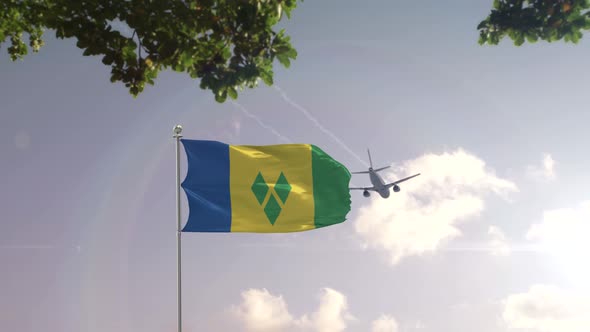 Saint Vincent and the Grenadines Flag With Airplane And City 