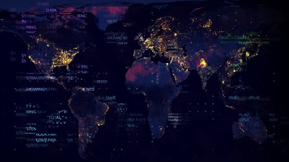 World Map with Numbers 0 and 1 By Binary System of Computer Code