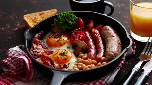 Full English Breakfast on Dark Rusty Background