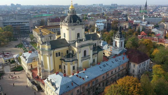 Aerial Video of Saint Yura Church in Central Part of Old City of Lviv, Ukraine