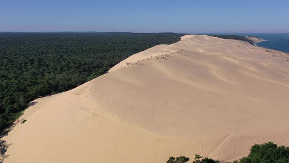 Group of People at the summit of Dune du Pilat in Arcachon Bassin France, Aerial close in shot