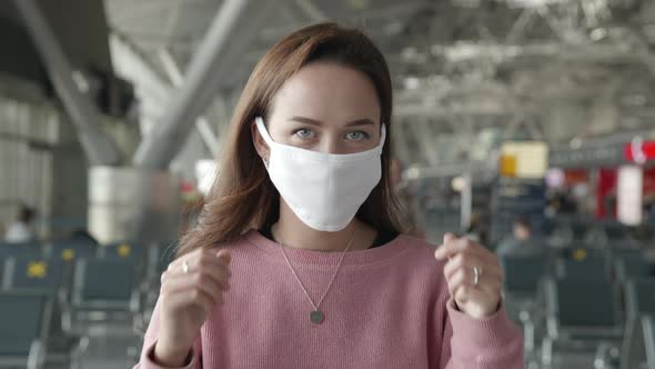 Portrait of Woman Put Off Medical Mask Looking Straight at Camera in Airport Terminal