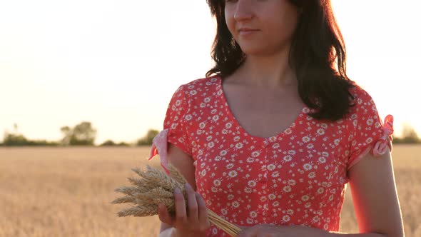 A Girl Holds a Ripe Wheat Against the Background of a Field Before Harvesting. Agriculture and