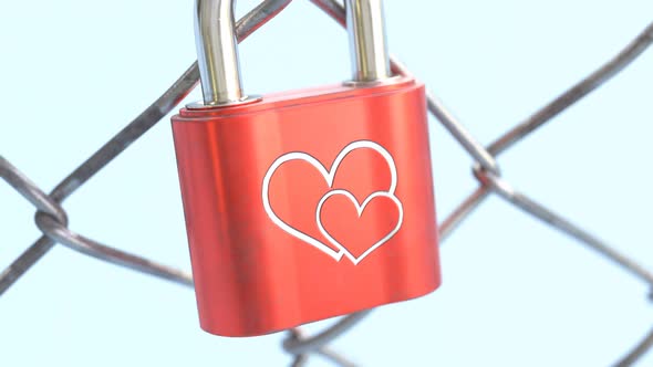 Zooming-out view at the red padlock with heart hanging on fence. Bridge. 4k HD