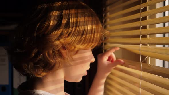 Young blond boy looking through windows blinds