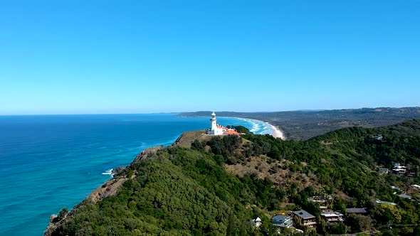 Aerial view of seaside lighthouse in Byron bay, Australia