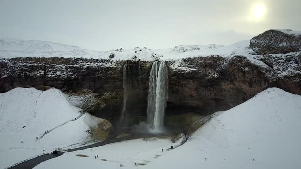 Aerial view of Skogafoss waterfall in Iceland.