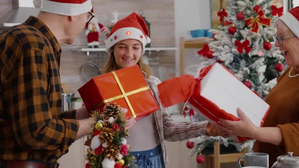 Happy Granddaughter Surprising Grandparents with Xmas Wrapper Present Gift