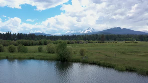 Aerial ascending view of beautiful scenic natural landscape in rural Oregon.