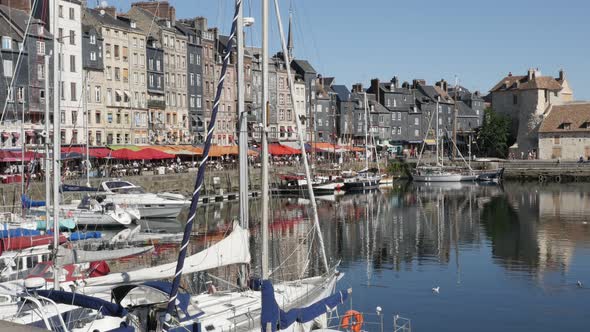 HONFLEUR, FRANCE - SEPTEMBER 2016 Tilting footage on architecture of famous northern Normandy The Vi