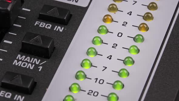 Macro Shot of Stereo LED Indicator on Mixing Console with Pulsating Sound Level