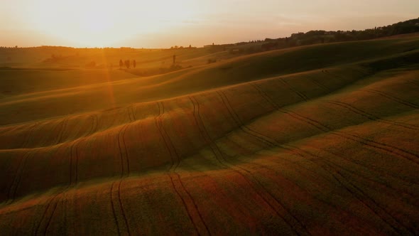 Flying over the amazing rolling hills of Tuscany Italy