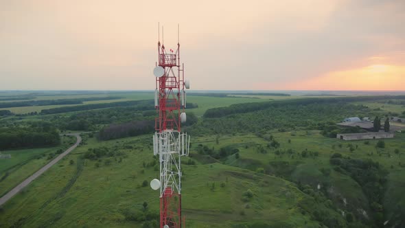 Cell site of telephone tower with 5G base station transceiver