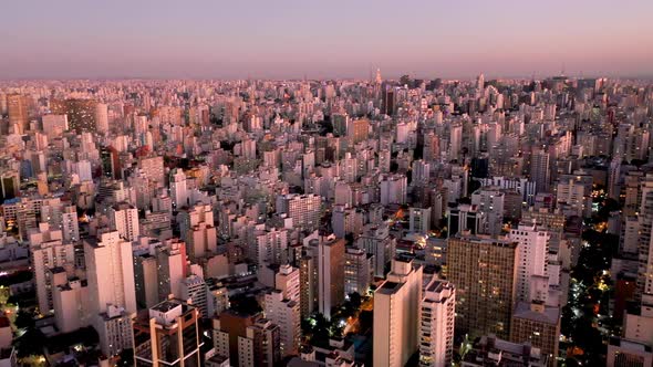 Sunset downtown Sao Paulo Brazil. Downtown district at sunset scenery.