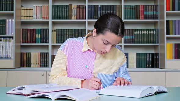 Teenage Girl Student Studying in the School Library