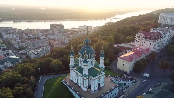 Flying Above and Around St. Andrew's Church in Kyiv, Ukraine at Sunrise. The Church Is Now Belongs