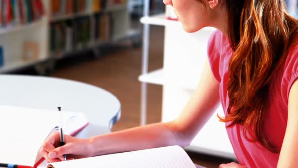 Attentive schoolgirl doing homework in library