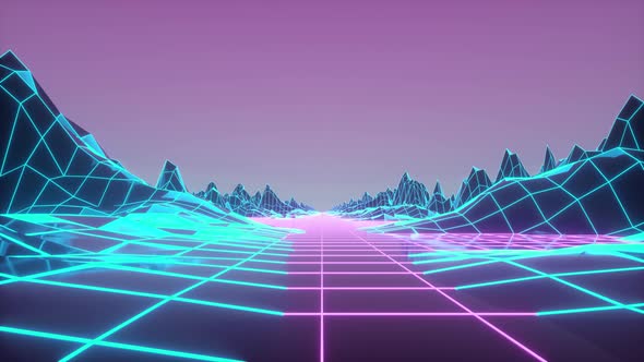 Retrowave Horizon Landscape with Neon Lights and Low Poly Terrain