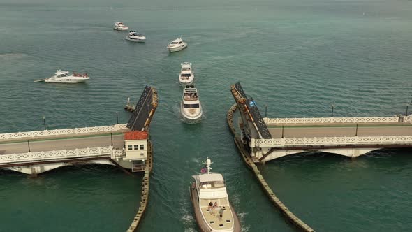 Aerial Video Yachts Waiting To Pass Under A Drawbridge In Miami Beach