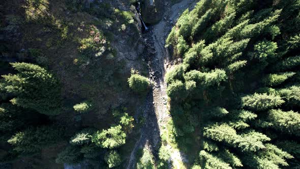 A Mountain Waterfall in a Rocky Gorge with Forest