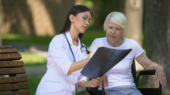 Female Doctor Showing Spinal X-Ray Result to Disabled Elderly Woman, Day in Park