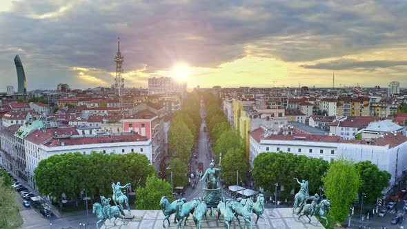 Milano City Aerial View From Flying Drone Sunny Beautiful Sights Urban Plaza Arco Della Pace