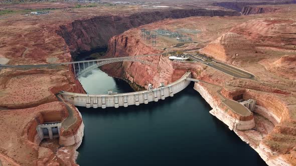 Aerial Shot of Breathtaking Glen Canyon Dam on Lake Powell Infrastructure In Arizona USA