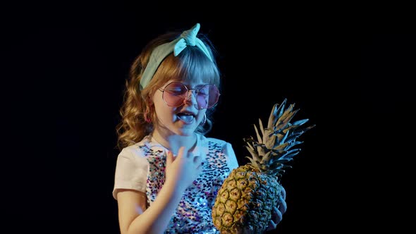 Trendy Stylish Girl in Sunglasses with Pineapple Singing Fooling Around at Disco Cyberpunk Club