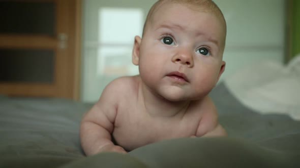 Cute Three Months Old Caucasian Baby Girl on Grey Blanket in Home