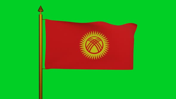 National flag of Kyrgyzstan waving with flagpole on chroma key, Kyrgyz Republic flag textile