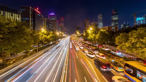 Time lapse of busy freeway traffic at night in beijing city，china
