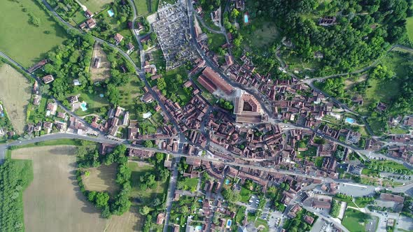 Village of Saint-Cyprien in Perigord in France seen from the sky