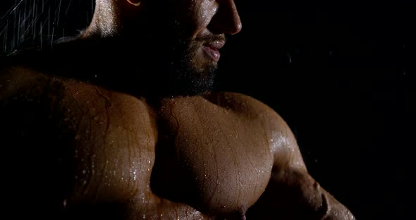 Portrait with the Shoulders of a Brutal Muscular Bald Male Bodybuilder Close-up on a Black