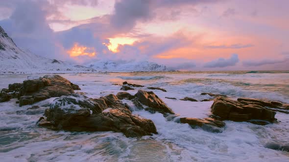 Norwegian Sea Waves on Rocky Coast of Lofoten Islands, Norway