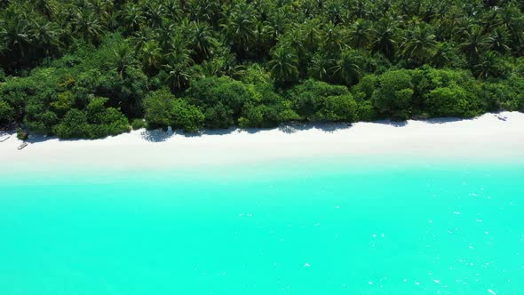 Aerial above landscape of tranquil island beach trip by blue lagoon and white sand background of a d