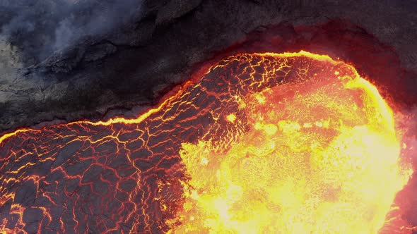 Lava Lake On Active Volcano - aerial drone shot