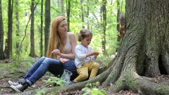 A Cute Little Girl and Her Mom Feed the Red Squirrels in the Park