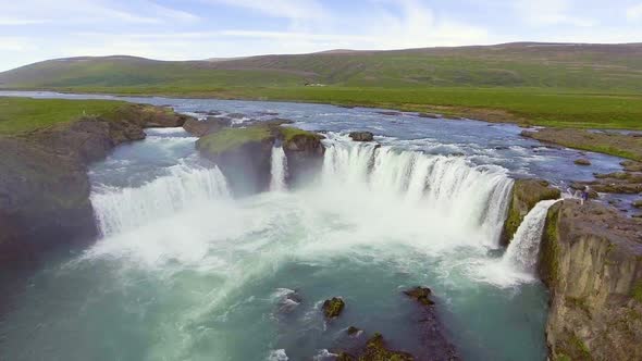 Drone Aerial Footage of the Godafoss Waterfall in North Iceland