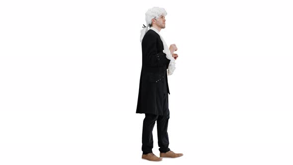 Man in Oldfashioned Laced Frock Coat and White Wig Thinking on White Background