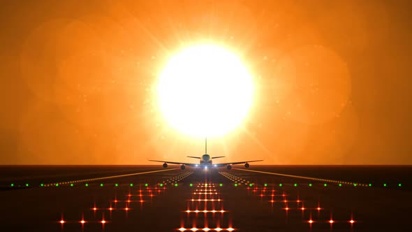 Big Airplane Departs From Airport Runway Against Large Sunset or Sunrise alt