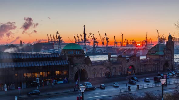 Day to Night Time Lapse of Hamburg Harbor with Landungsbruecken, Hamburg, Germany