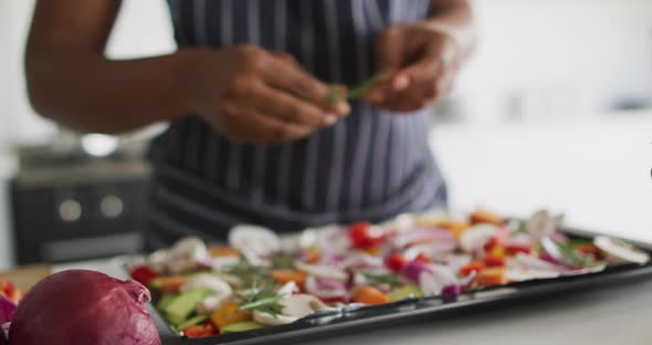 Mid section of african american woman preparing dinner in kitchen