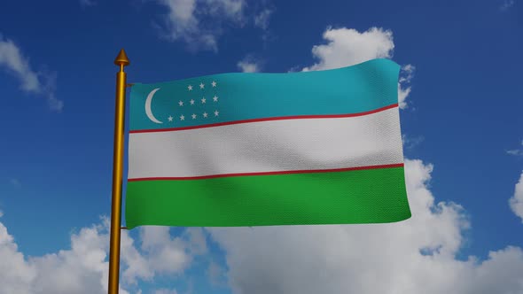 National flag of Uzbekistan waving with flagpole and blue sky timelapse