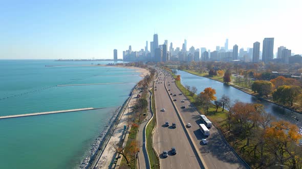 Chicago downtown aerial footage view from north of the city, lake michigan, lake shore drive