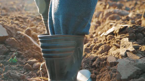 Farmer Goes with Rubber Boots Along Plowed Field. Rubber Boots for Work Use. A Worker Go Down a Heap